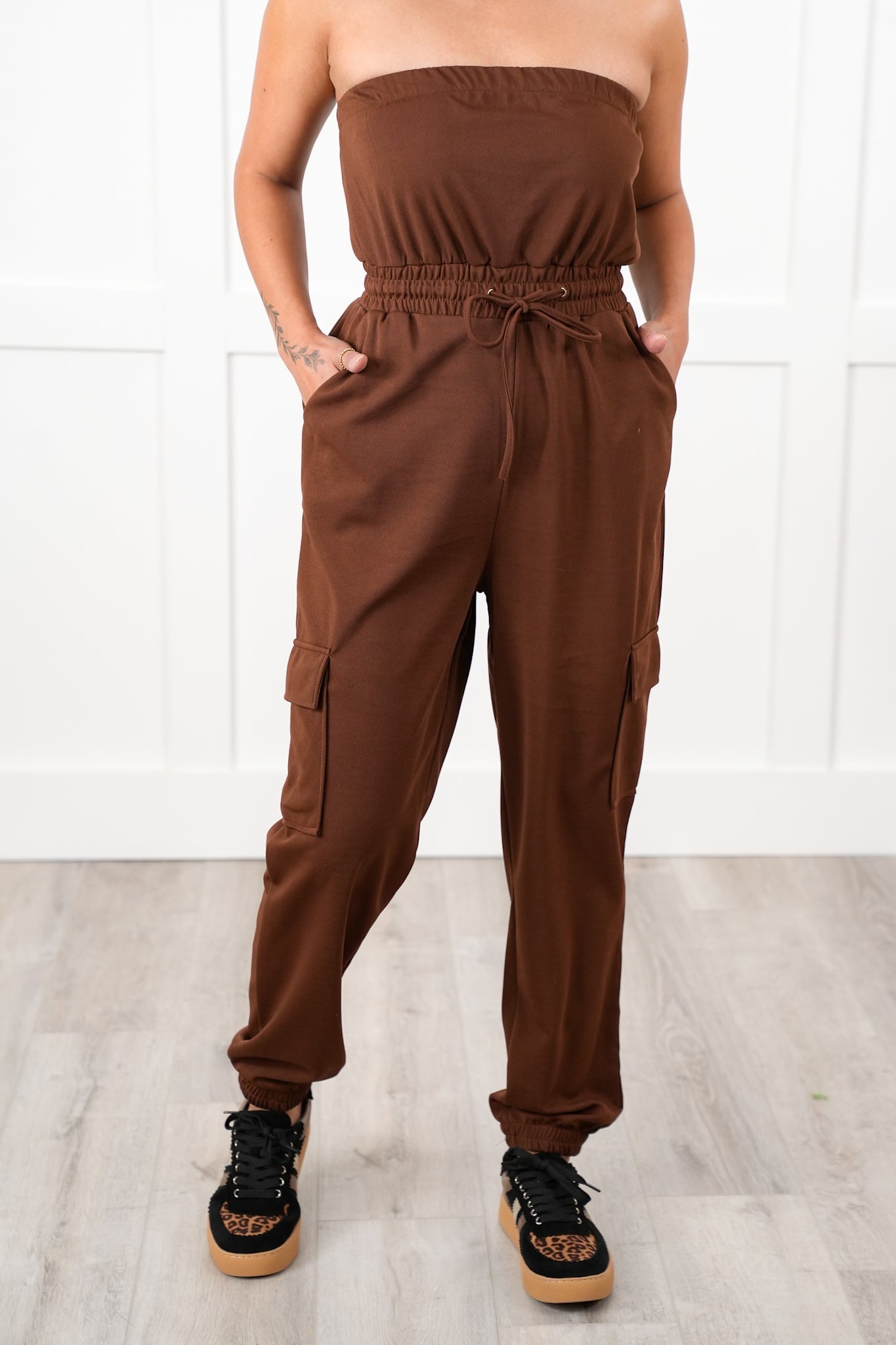 Solid Strapless Cargo Jogger Jumpsuit