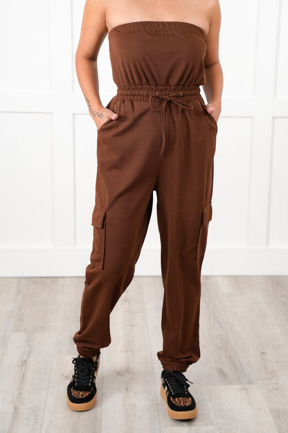 Solid Strapless Cargo Jogger Jumpsuit