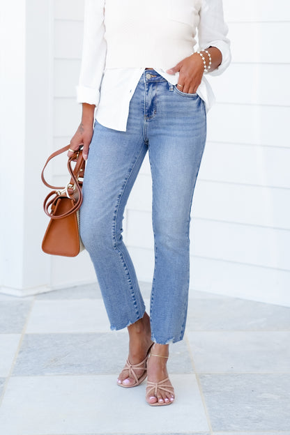Judy Blue The Montauk Crop Mid-Rise Medium Wash Distressed Hem Kick Flare Jeans