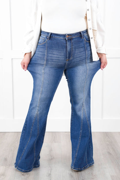 Risen High Rise Dark Wash Flare Jeans with Front Seam Detail
