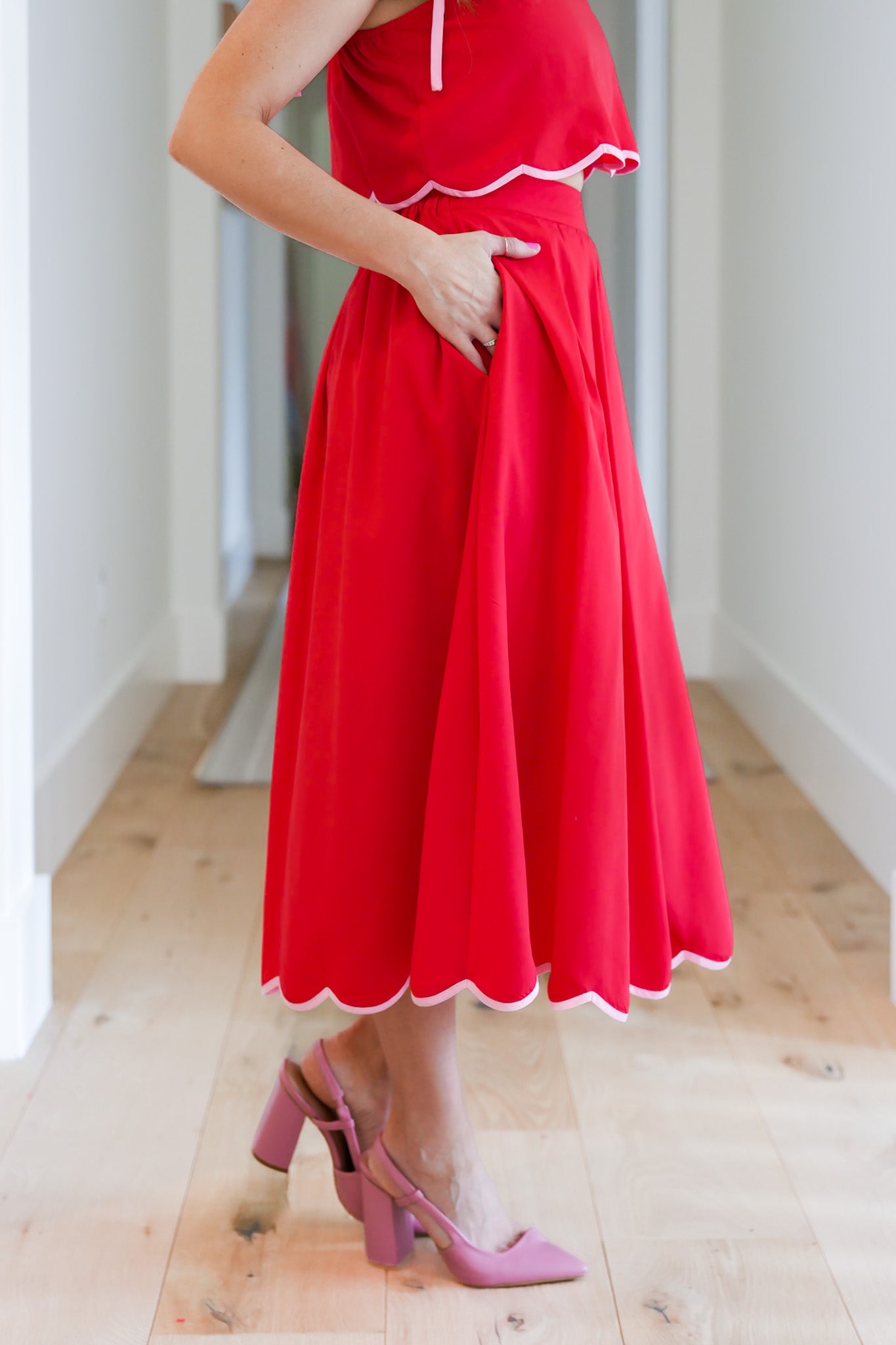 Solid Midi Skirt with Scallop Hem Detail