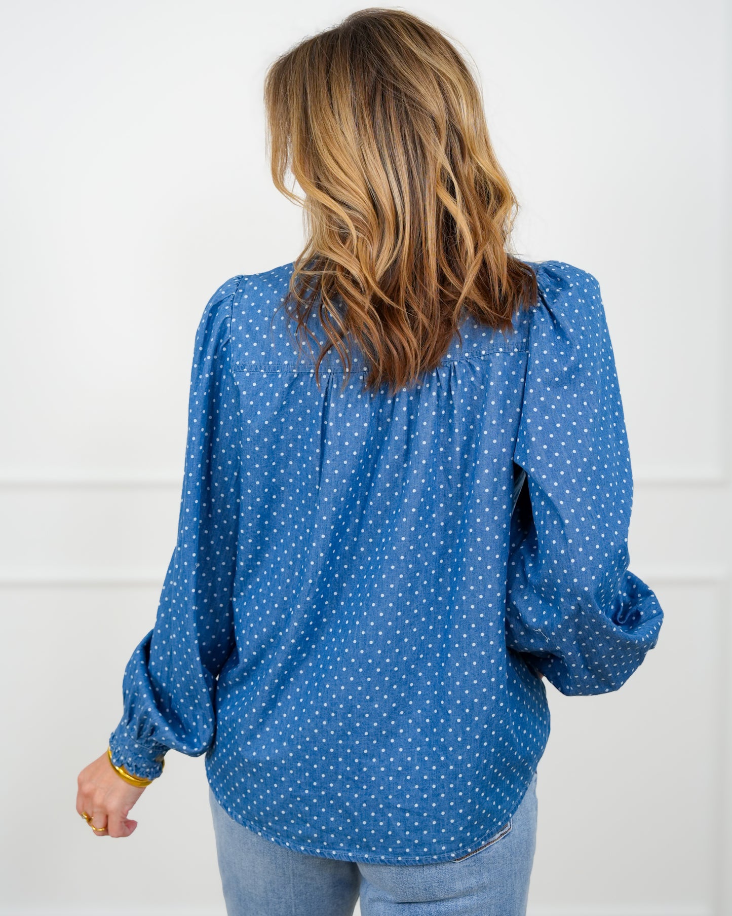 Polka Dot Dark Wash Long Sleeve Top