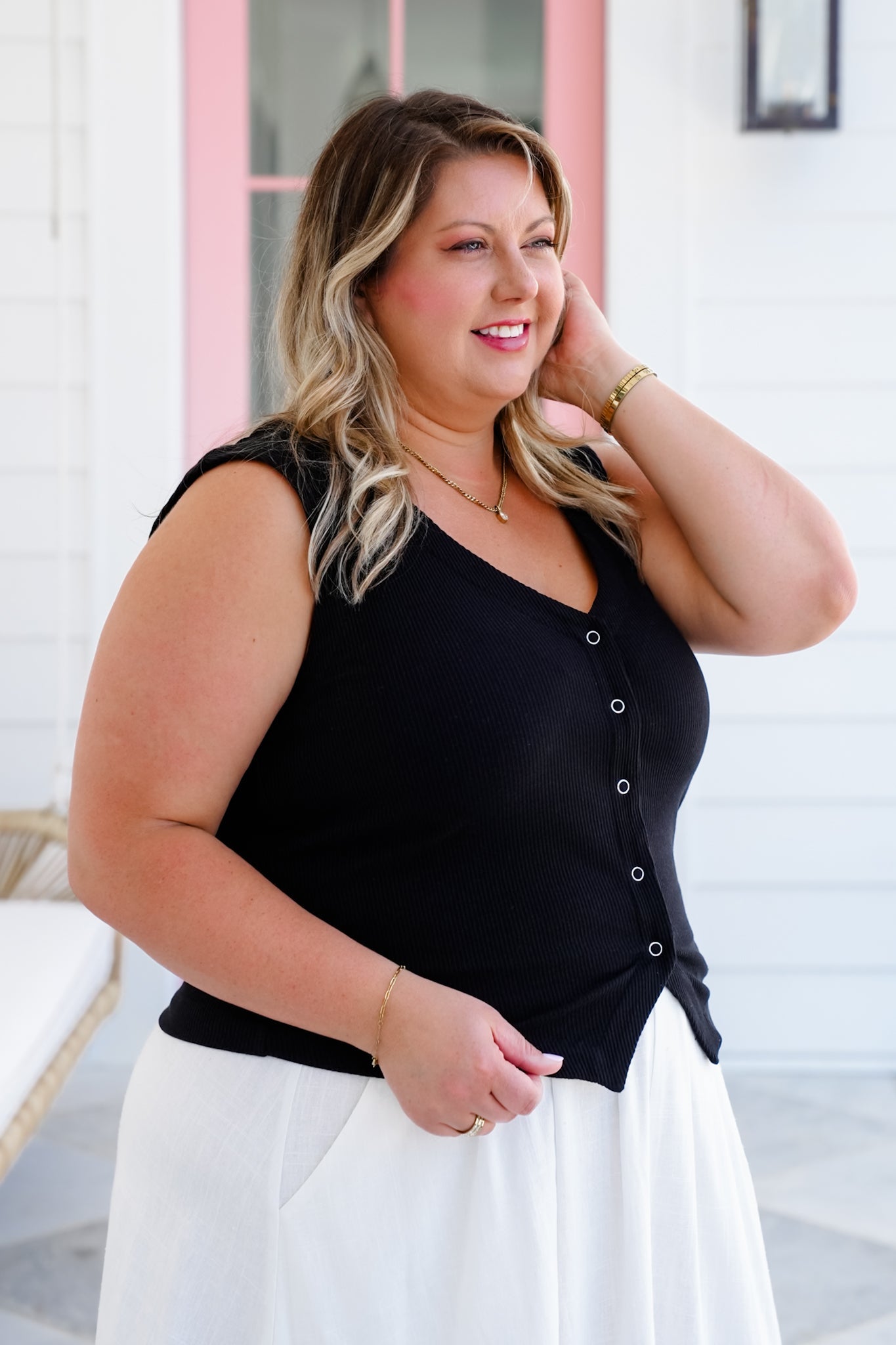 Plus/Reg Ribbed Knit V-Neck Snap Button Down Vest