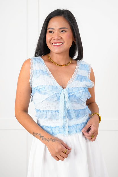 POL Woven Lace Ruffle Sleeveless V Neck Crop Top