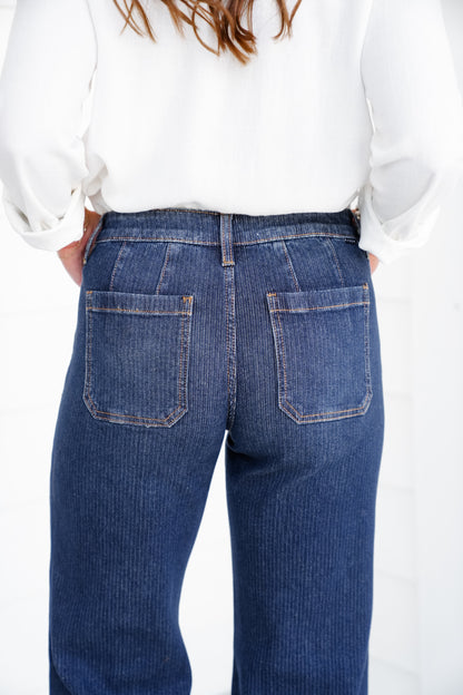 Risen Poppy Lane Mid Rise Dark Wash Wide Leg Jeans with Wide Hem