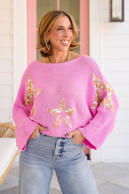 POL Long Dolman Sleeve Cropped Sweater with Floral Star Patch Detail