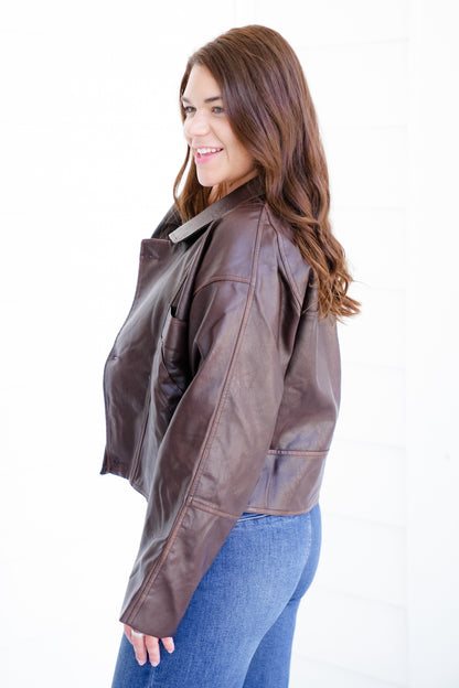 Washed Brown Vegan Leather Long Sleeve Jacket