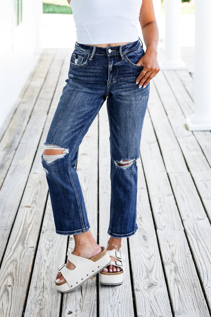 Lovervet Against the Grain High Rise Medium Wash Distressed Vintage Stretch Cropped Straight Leg Jeans
