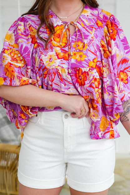 Plus/Reg Tropical Floral Print Dolman Sleeve V Neck Top