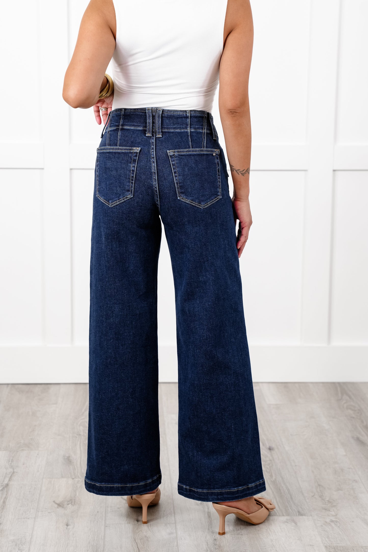 Mica High Rise Dark Wash Double Button Front Seam Wide Leg Jeans