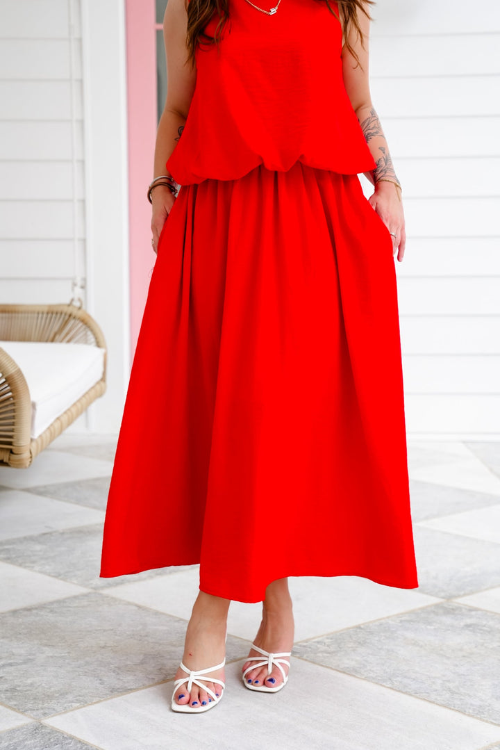 Red Woven Elastic Waist Midi Skirt with Side Pockets