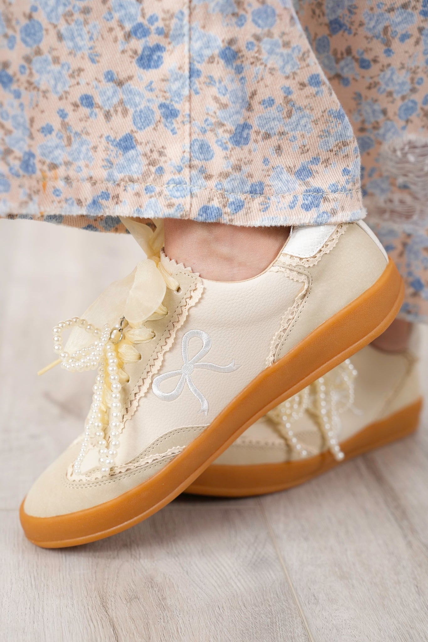 Pearl and Bow Detailing Sneakers with Lace Accents