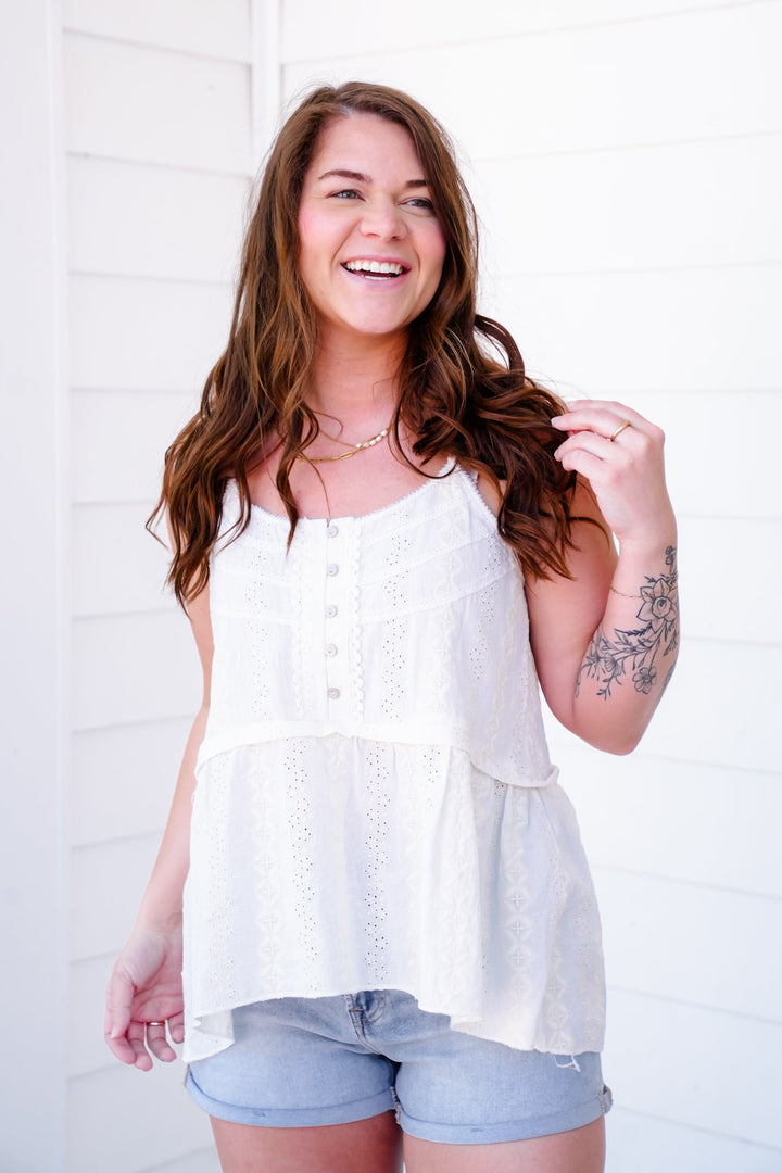 POL Sleeveless Embroidered Button Up Top