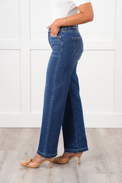 Risen High Rise Dark Wash Tummy Control Wide Leg Jeans with Released Hem