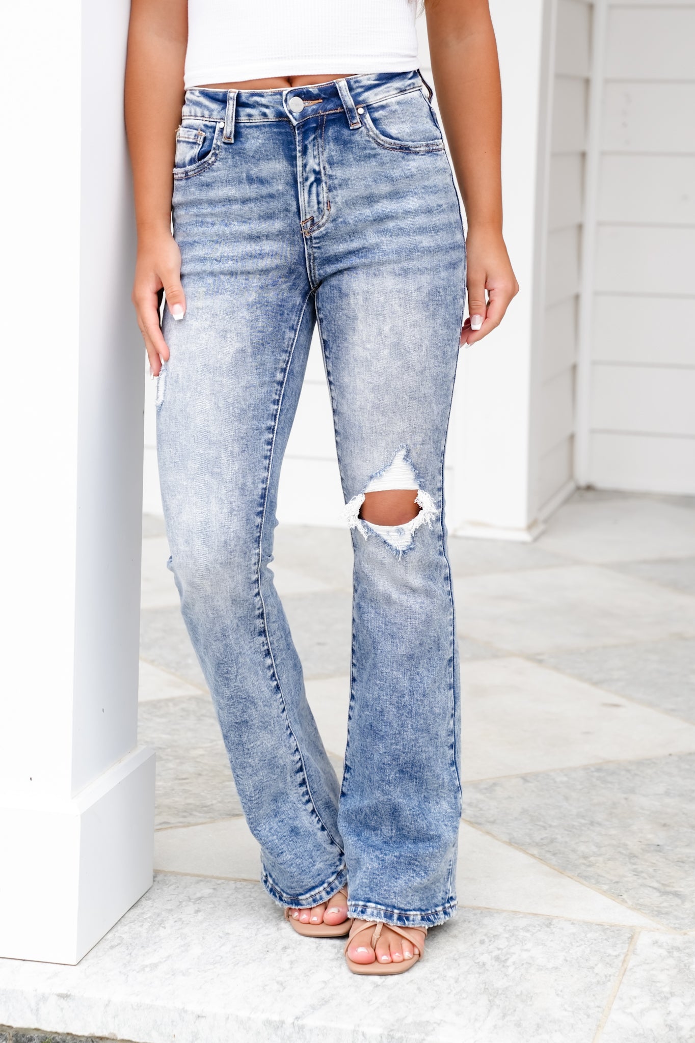 Risen Crush Hour High Rise Medium Acid Wash Distressed Flare Jeans