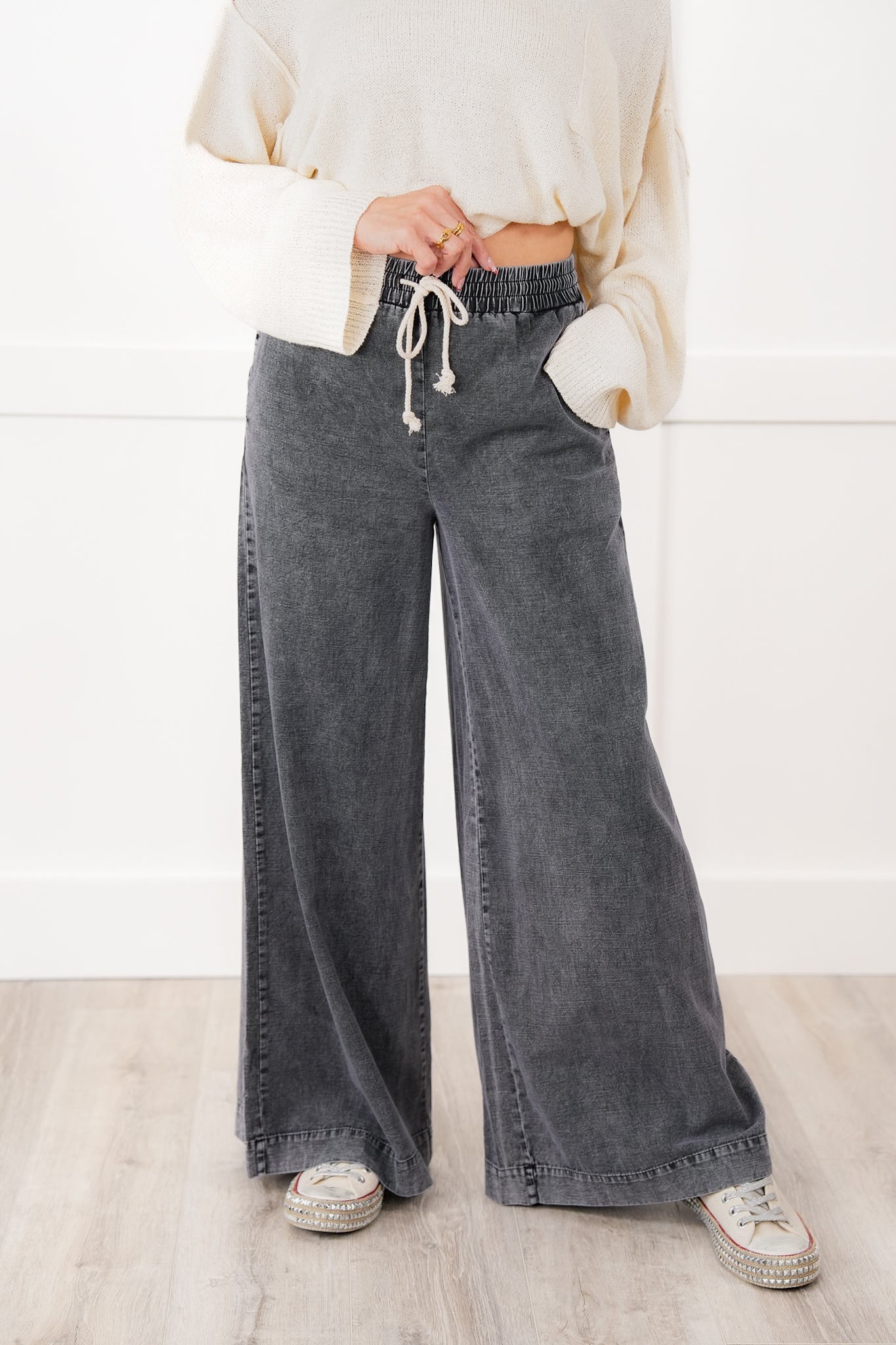 Mineral Wash Elastic Waist Wide Leg Pants (Multiple Colors)