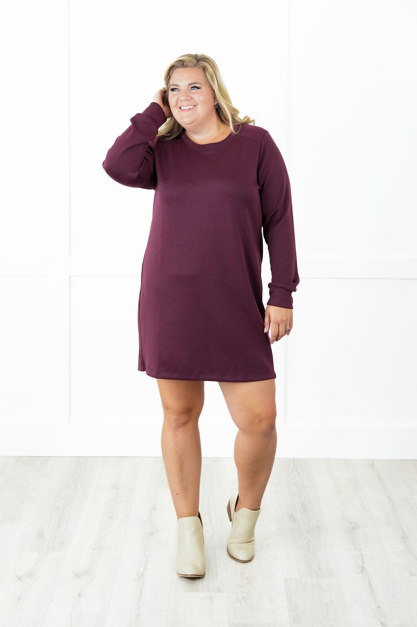 Door Buster!! Plus/Reg Solid Long Sleeve Crew Neck Sweatshirt Dress