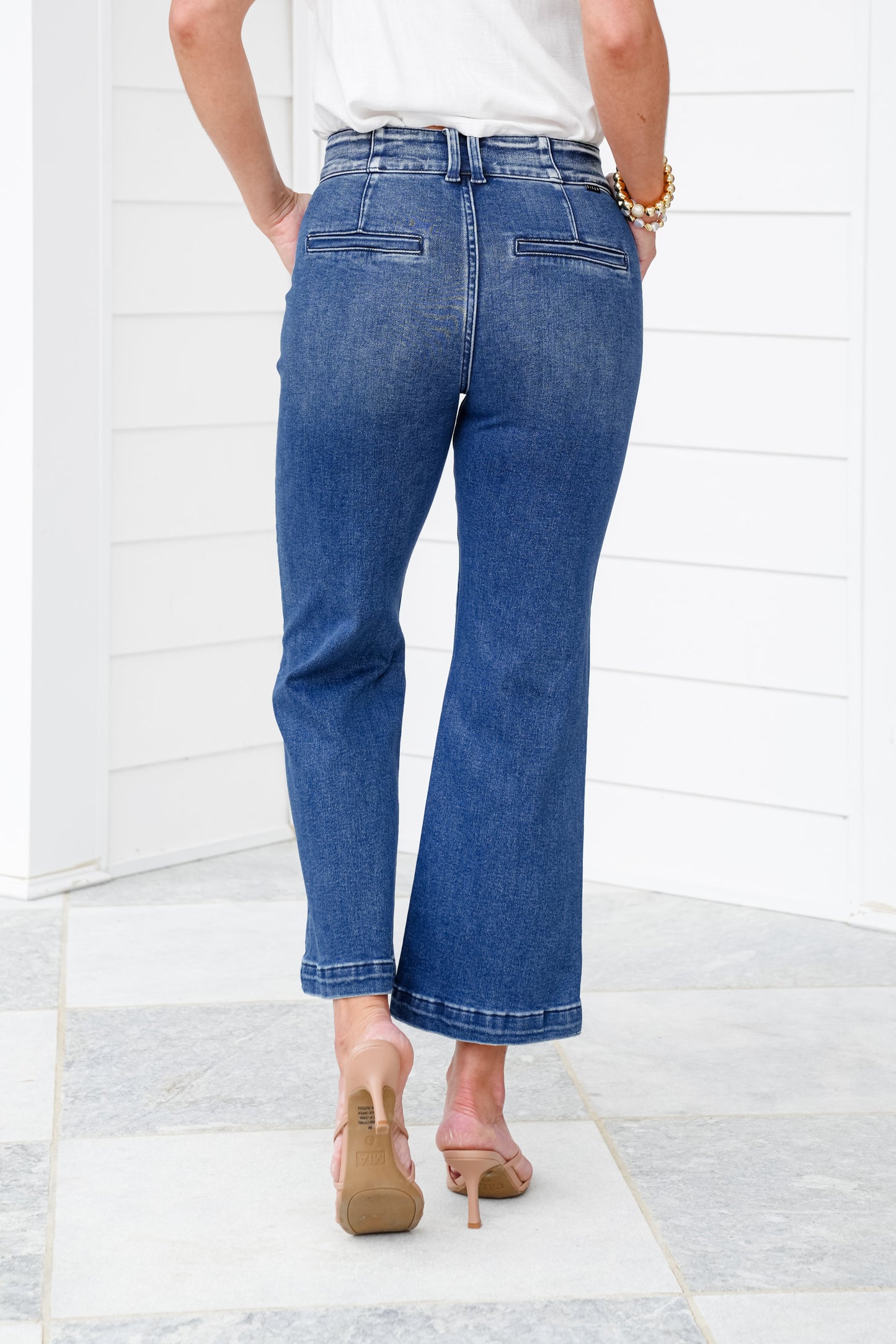 Risen High Rise Dark Wash Wide Waistband Tummy Control Cropped Wide Leg Jeans