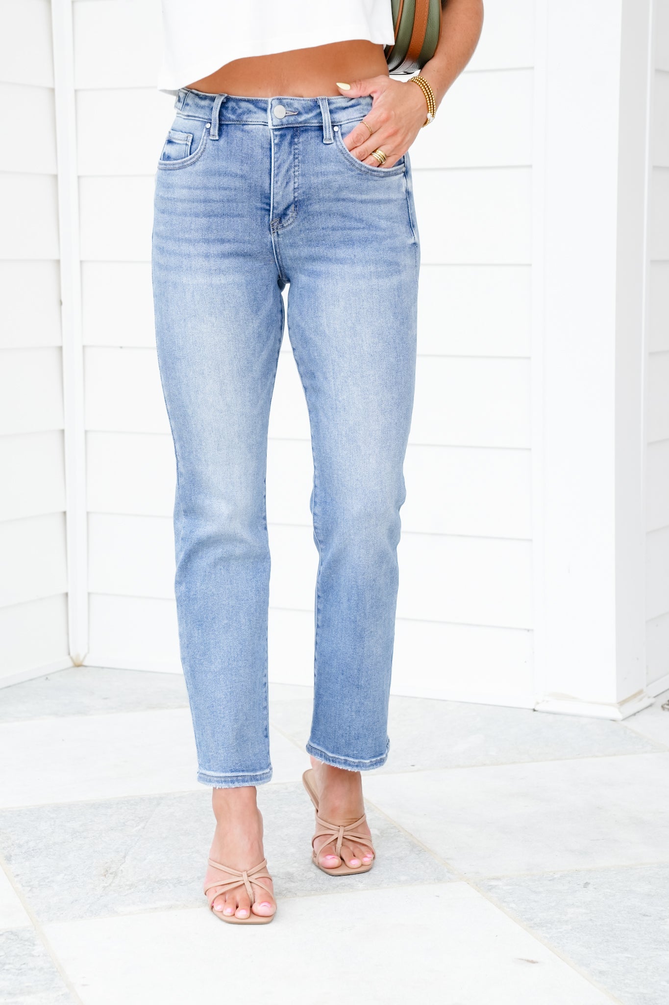 Risen High Rise Medium Wash Tummy Control Ankle Straight Leg Jeans with Adjustable Waistband