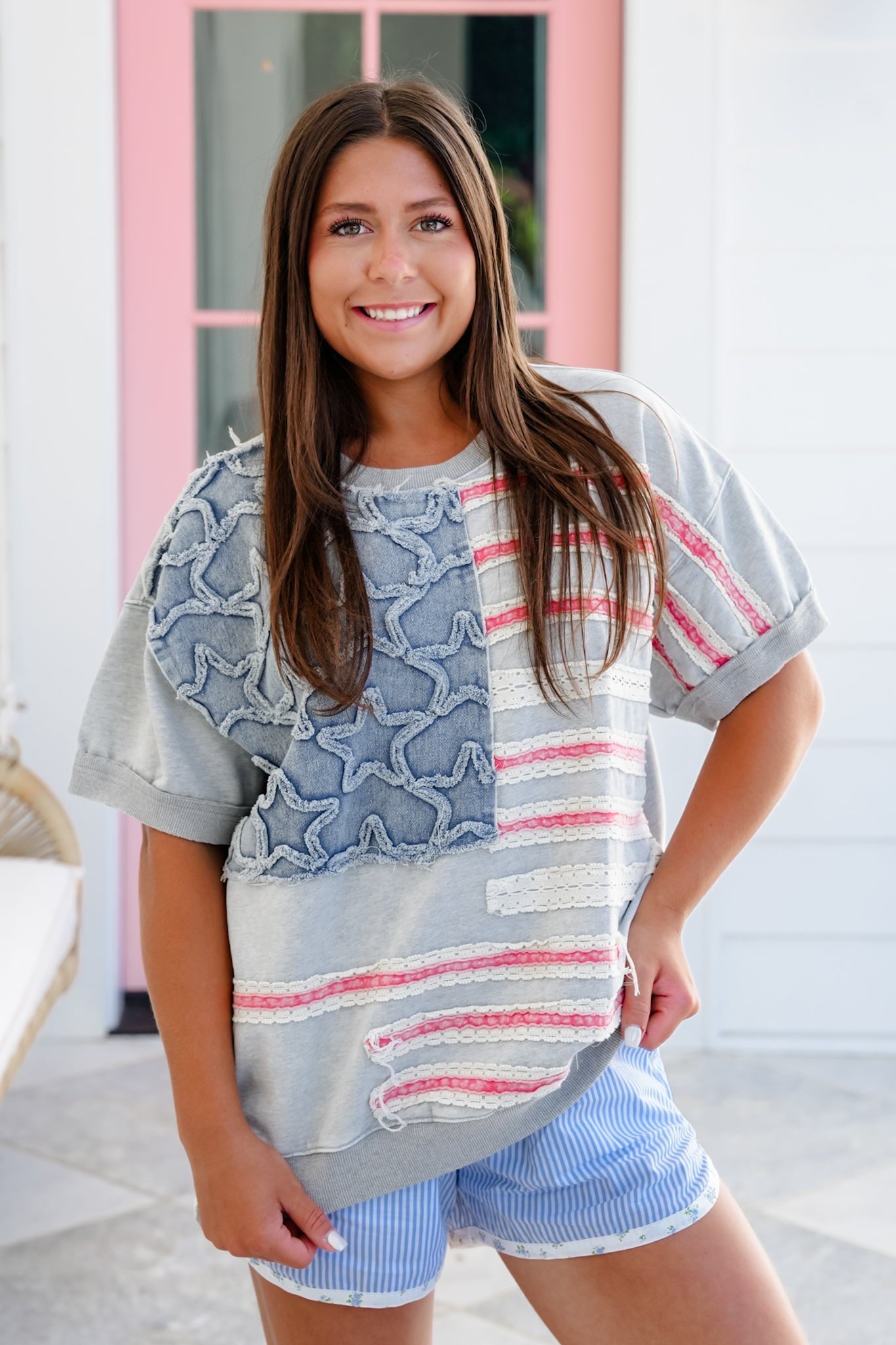 Mineral Wash Short Sleeve Pullover with American Flag Detail