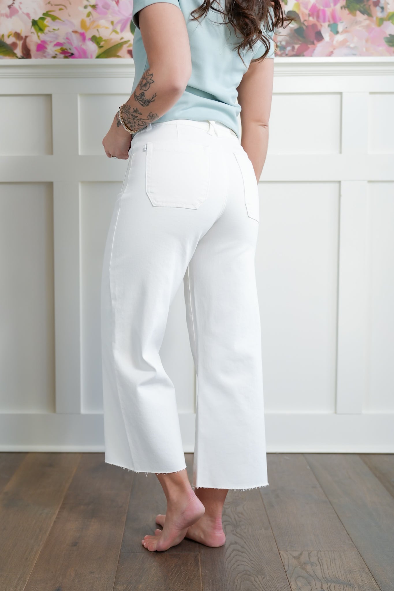 Judy Blue High Rise White Cropped Wide Leg Jeans with Patch Pockets