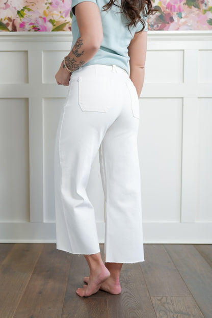 Judy Blue High Rise White Cropped Wide Leg Jeans with Patch Pockets