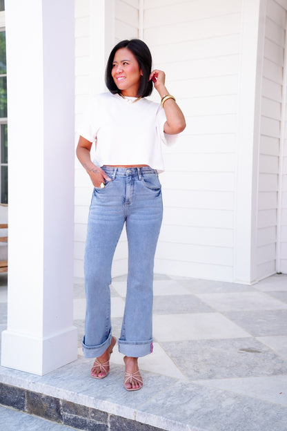 Saige High Rise Light Wash Cuffed Kick Flare Jeans