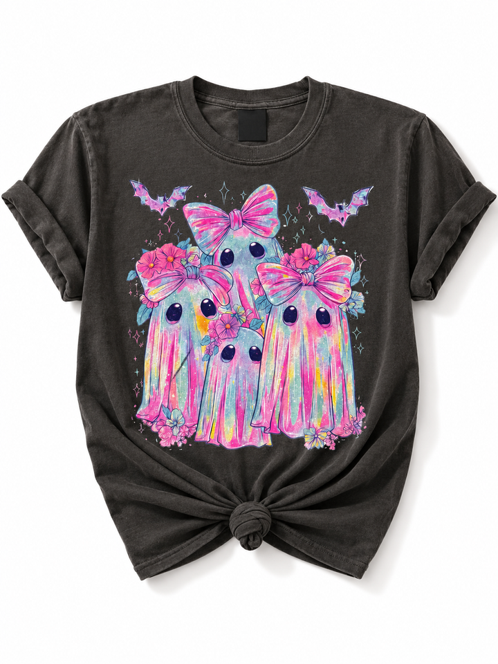 Plus/Reg Short Sleeve Cute Ghosts With Bow Graphic Tee
