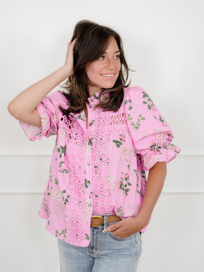 Floral Short Puff Sleeve Button Down Top with Lace Trim