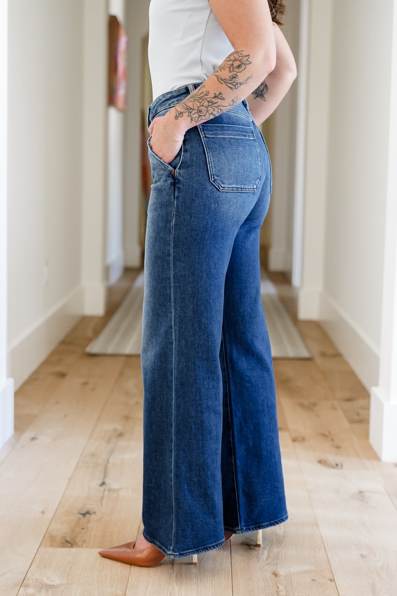Risen High Rise Dark Wash Wide Leg Jeans with Front Yoke Seam