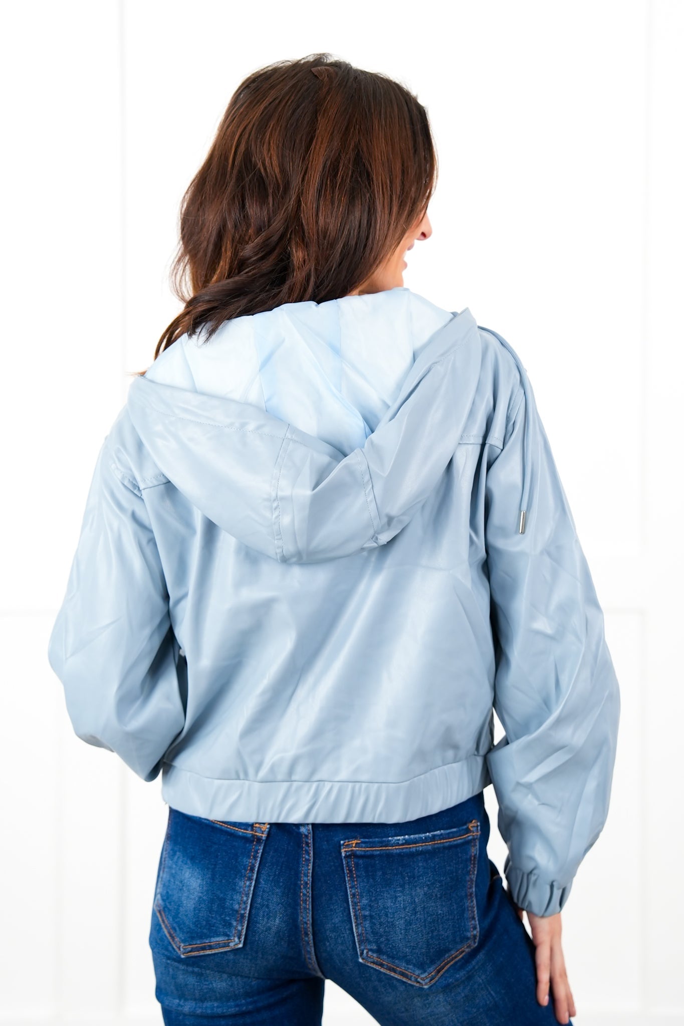 Poppy Day! Vegan Leather Long Sleeve Zip Up Hooded Jacket