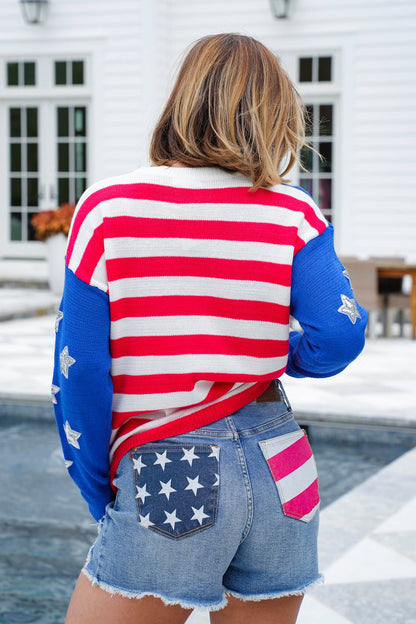 Restock! American Flag Long Sleeve Pullover Sweater with Sequin Detail