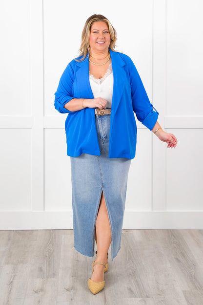 Door Buster! Plus/Reg Solid Button Tab Sleeve Open Blazer