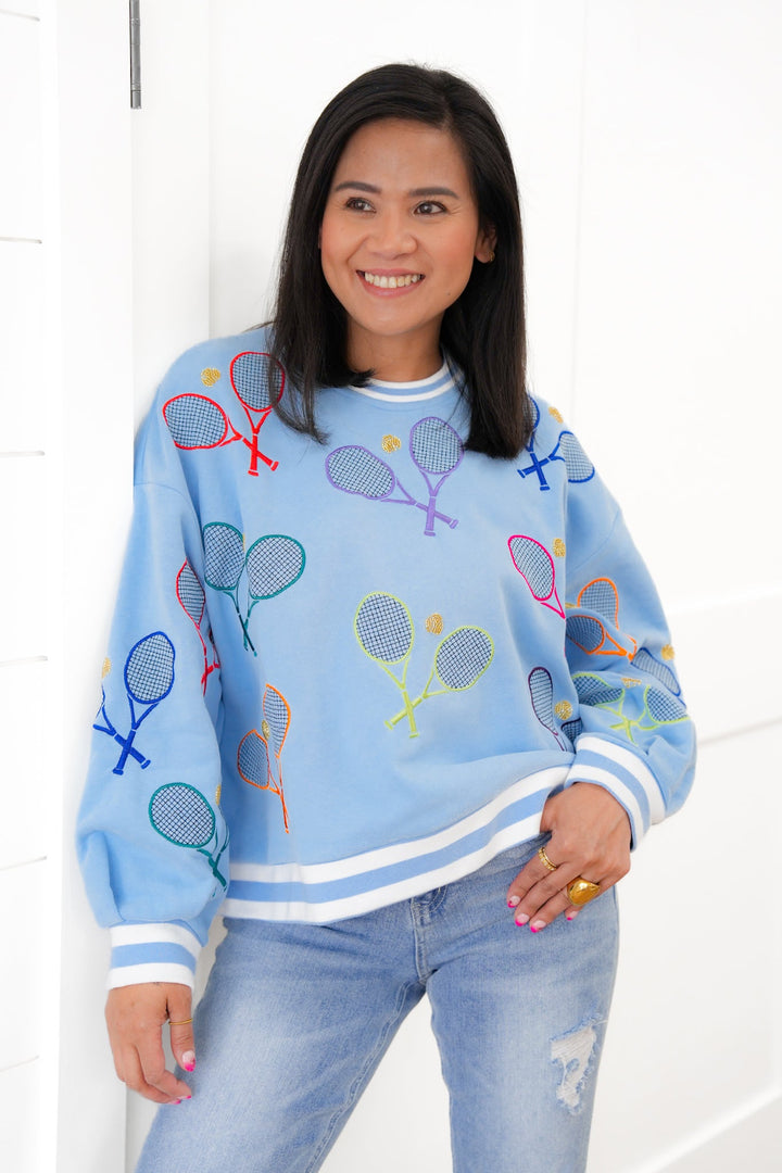 Plus/Reg Queen Of Sparkles Long Sleeve Sweatshirt With Tennis Detail