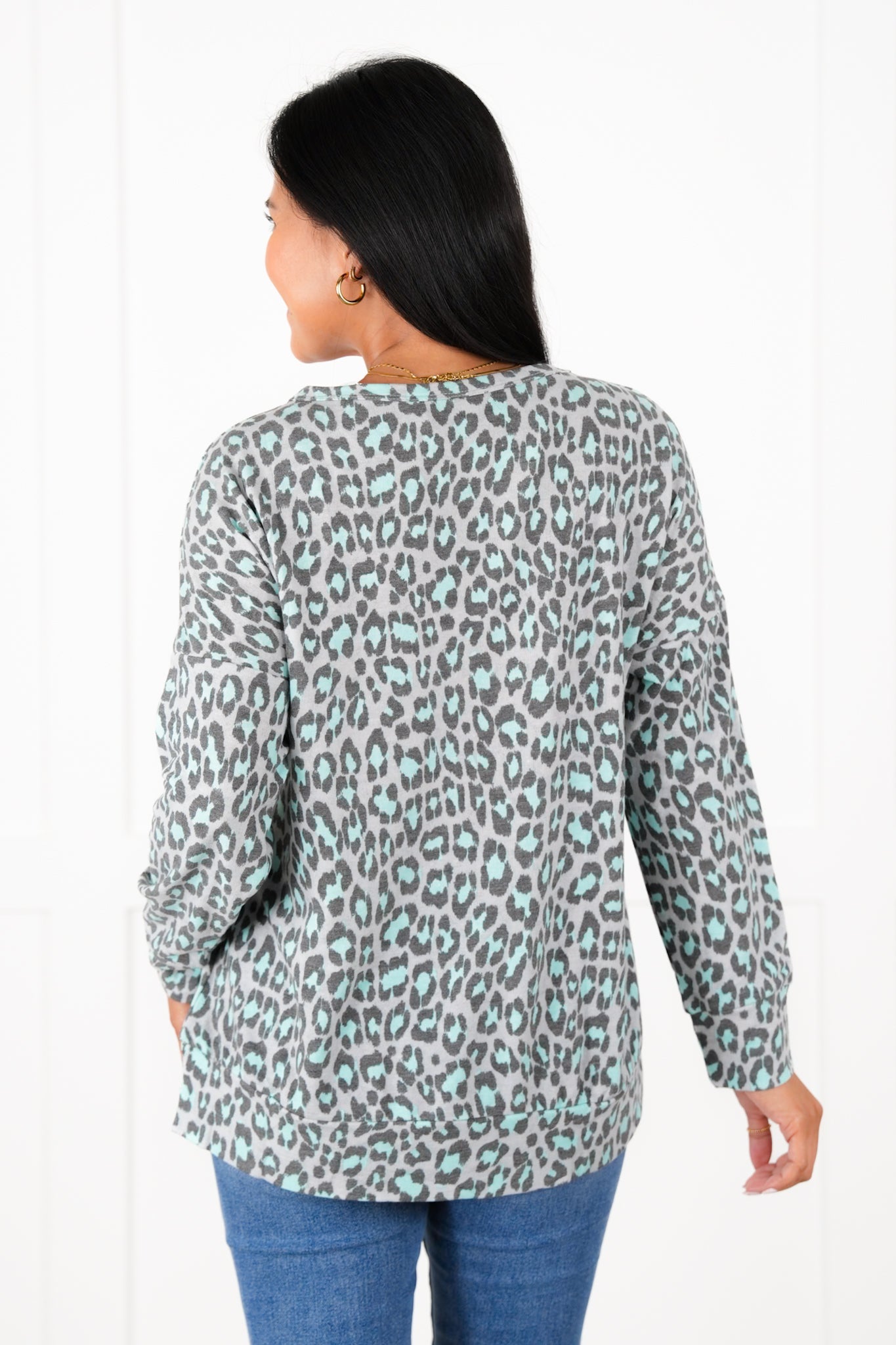 Plus/Reg Grey And Mint Leopard Long Sleeve Pullover Top