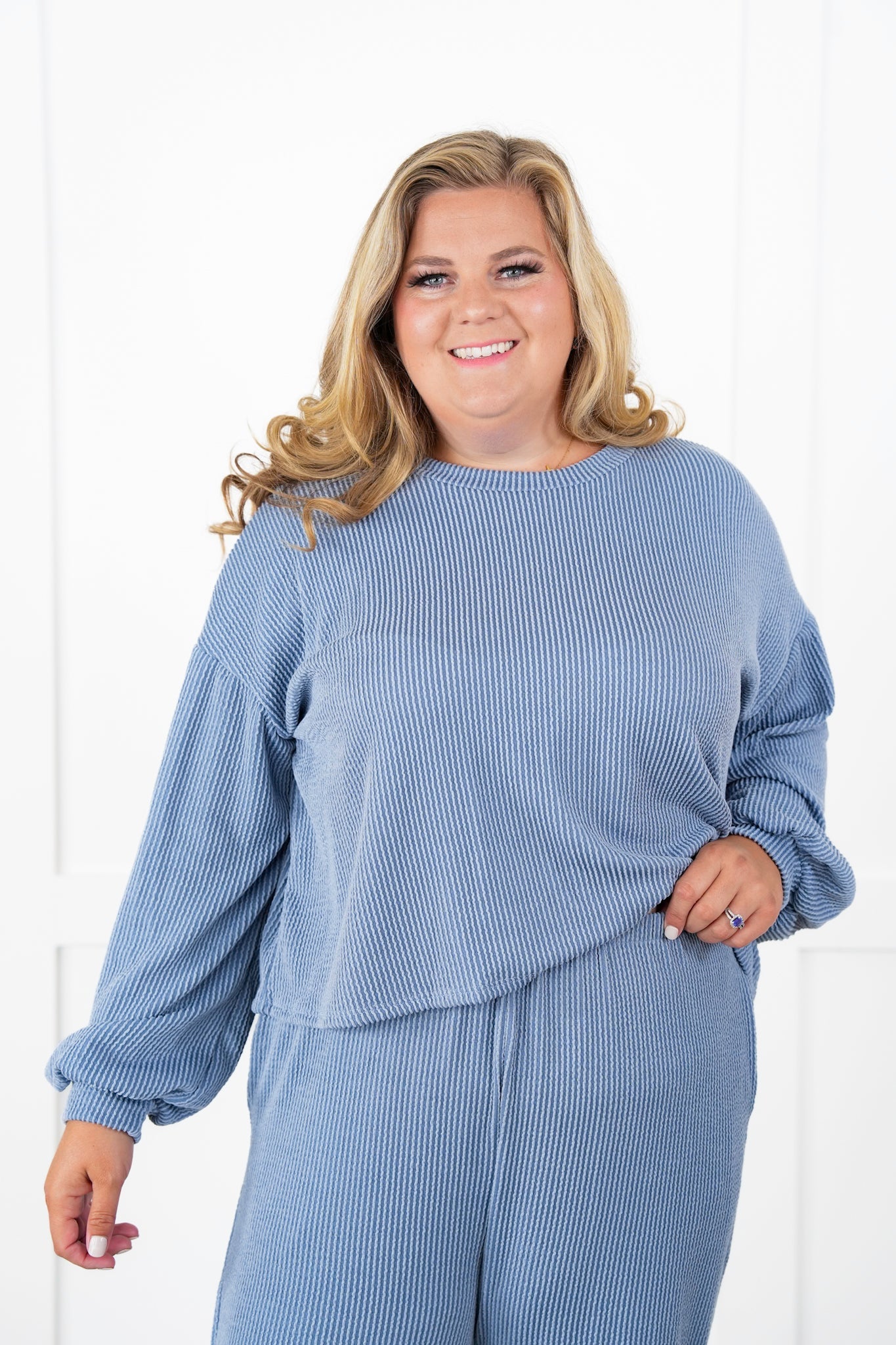Ribbed Long Sleeve Round Top With Elastic Waistband Lounge Pant Set (Multiple Colors)