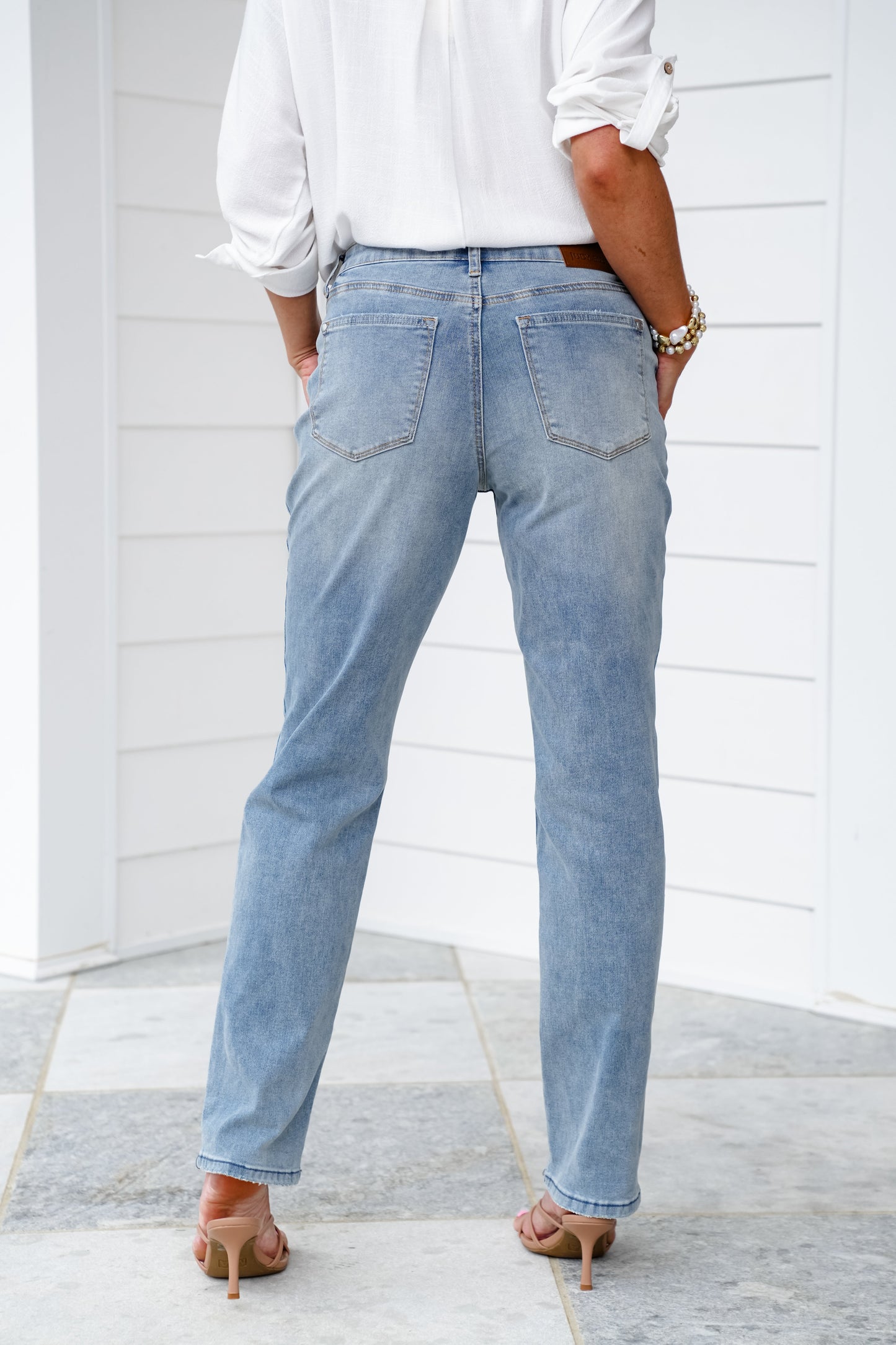 Judy Blue Riptide Mid Rise Medium Wash V Front Cuffed Boyfriend Jeans with Cool Denim