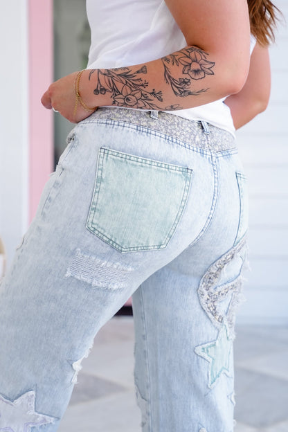Mineral Wash Wide Leg Denim Jeans with Star Patchwork Detail