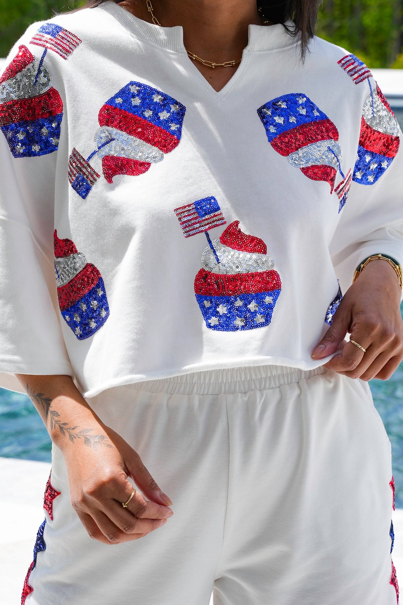 Short Sleeve Cropped Tee Shirt with Sequin American Flag Cupcake Detail