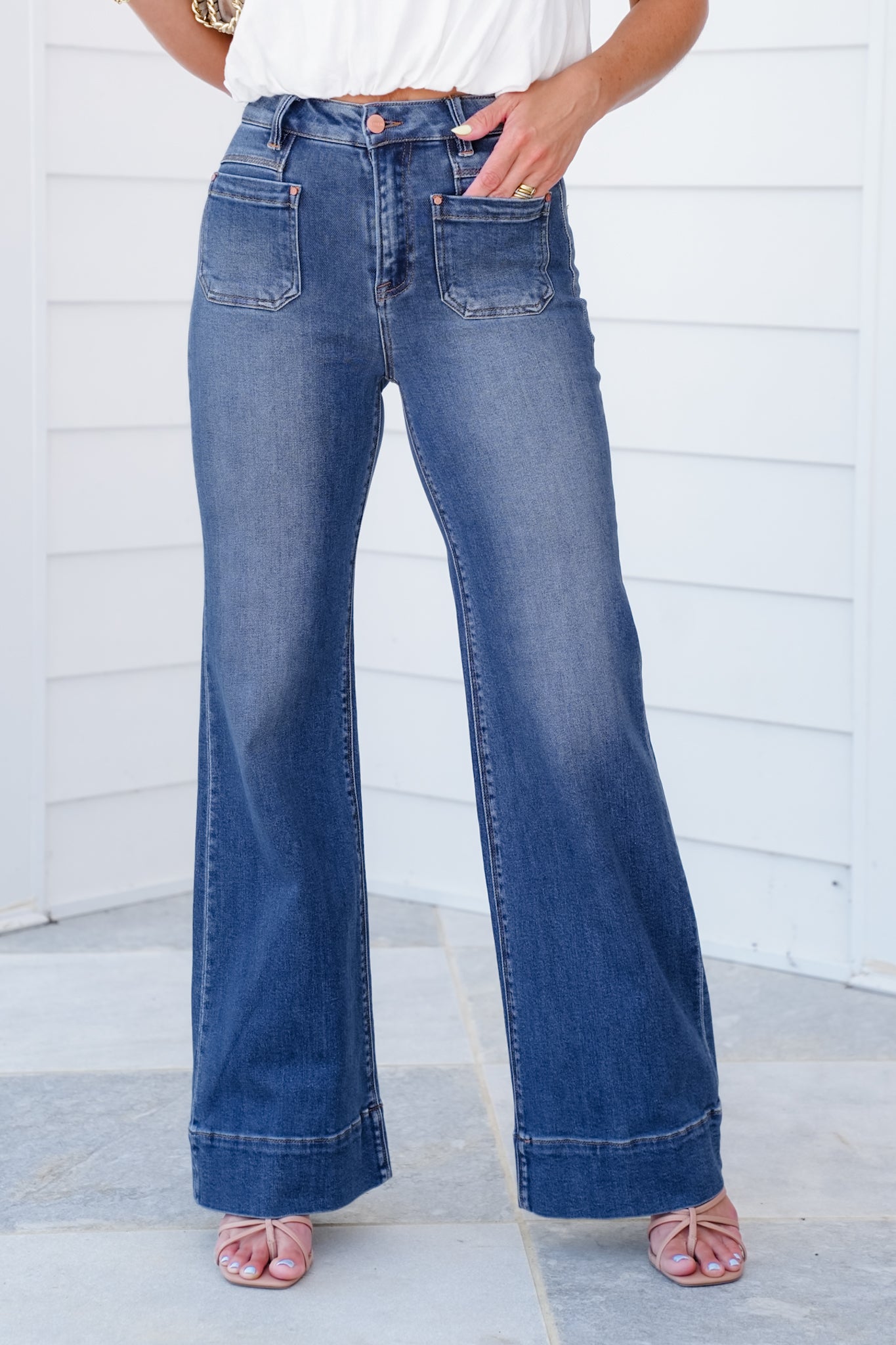 Risen High Rise Dark Wash Wide Leg Flare Jeans with Patch Pockets