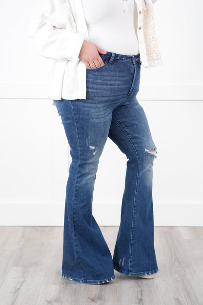 Judy Blue High Rise Dark Wash with Contrast Distressed Flare Jeans
