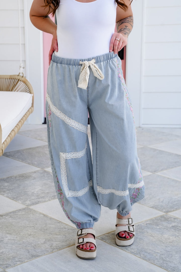 POL Denim Elastic Waist Jogger with Floral Embroidery Detail