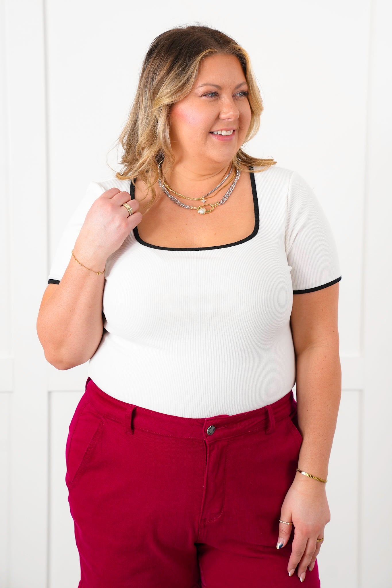Restock! Plus/Reg Ribbed Knit Short Sleeve Square Neck Top with Contrast Trim Detail