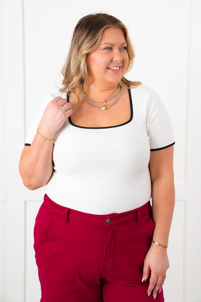 Restock! Plus/Reg Ribbed Knit Short Sleeve Square Neck Top with Contrast Trim Detail