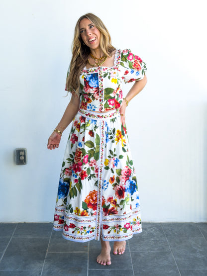 Floral Border Puff Sleeve Smocked Crop Top