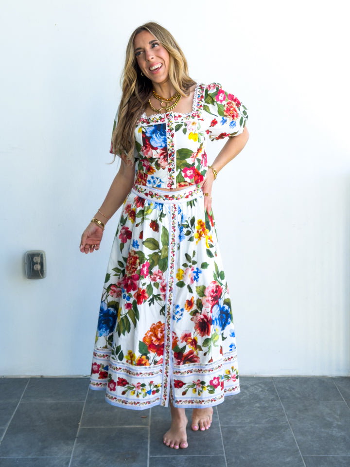 Floral Border Print Midi Skirt with Pockets