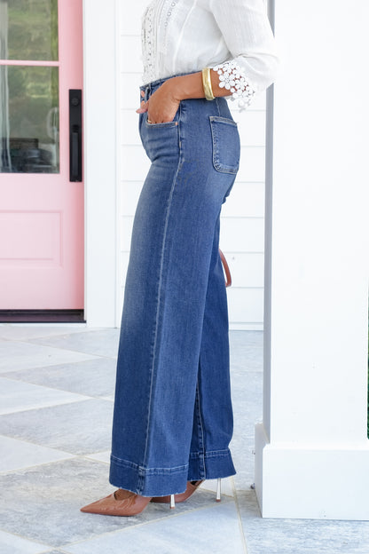 Restock! Risen You Make My Dreams Double Button Wide Leg Trouser Hem Non-Distressed Jean