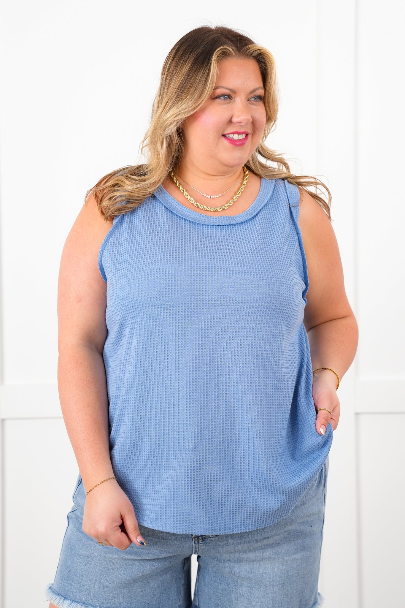 Door Buster! Plus/Reg Thermal Round Neck Tank Top with Reverse Seam Detail