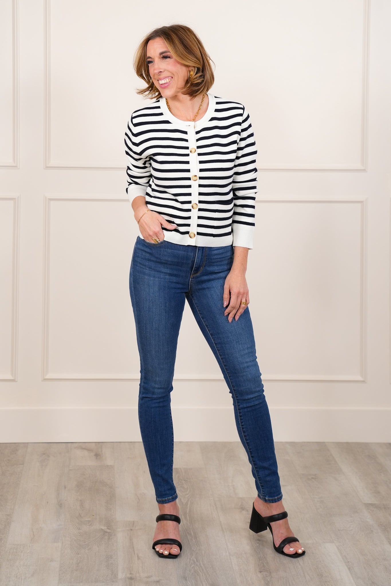 Stripe Long Sleeve Button Down Cardigan with Front Pockets