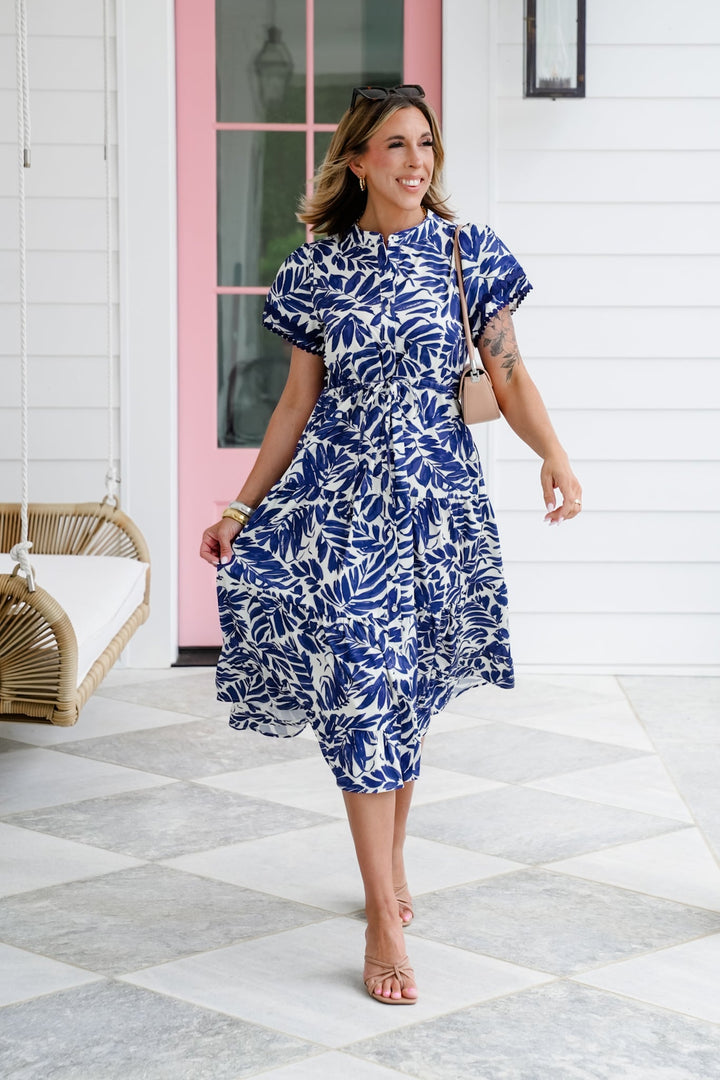 Blue Leaf Print Short Sleeve Button Down Tiered Midi Dress
